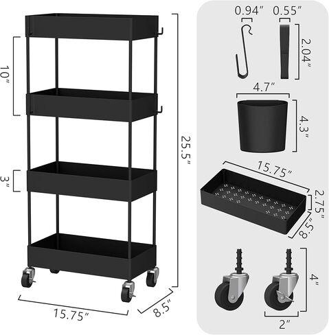 CAXXA 4-Tier Rolling Storage Organizer with 4 Small Baskets - Mobile Utility Cart with Caster Wheels, Black in Kuwait