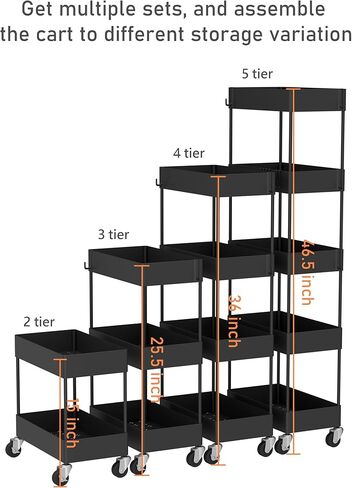 CAXXA 4-Tier Rolling Storage Organizer with 4 Small Baskets - Mobile Utility Cart with Caster Wheels, Black in Kuwait