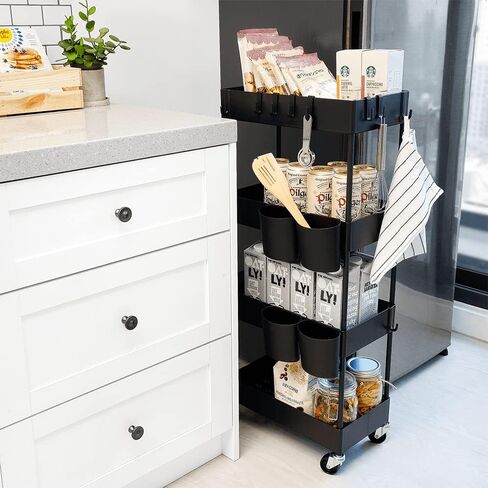 CAXXA 4-Tier Rolling Storage Organizer with 4 Small Baskets - Mobile Utility Cart with Caster Wheels, Black in Kuwait