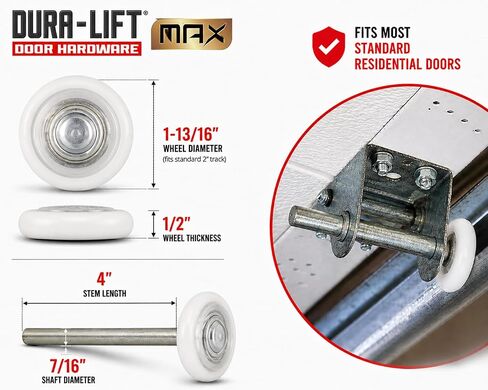 أسطوانة باب المرآب المصنوعة من النايلون من DURA-LIFT Ultra-Life MAX مقاس 2 بوصة محكمة الغلق 6200ZZ، ساق 4 بوصة، عبوة من 10 قطع in Kuwait
