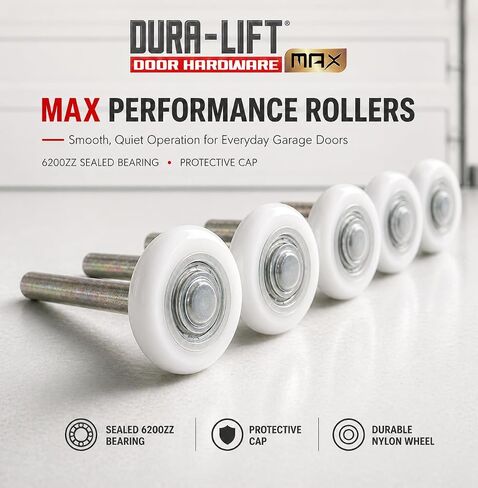 أسطوانة باب المرآب المصنوعة من النايلون من DURA-LIFT Ultra-Life MAX مقاس 2 بوصة محكمة الغلق 6200ZZ، ساق 4 بوصة، عبوة من 10 قطع in Kuwait