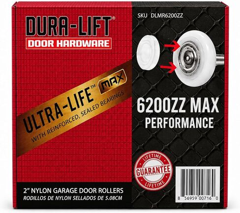 أسطوانة باب المرآب المصنوعة من النايلون من DURA-LIFT Ultra-Life MAX مقاس 2 بوصة محكمة الغلق 6200ZZ، ساق 4 بوصة، عبوة من 10 قطع in Kuwait