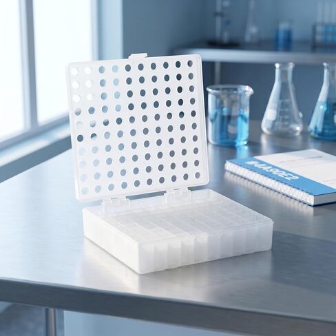 Kisangel Vented Plastic Vial Washing Box, 100 Grid Compartment Drip Dry Storage Case for 1.5ml/2mL Autosampler Glass Sample Vials Pretreatment 5.47x5.47x1.46in in Kuwait