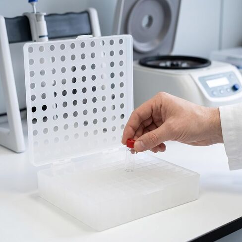Kisangel Vented Plastic Vial Washing Box, 100 Grid Compartment Drip Dry Storage Case for 1.5ml/2mL Autosampler Glass Sample Vials Pretreatment 5.47x5.47x1.46in in Kuwait