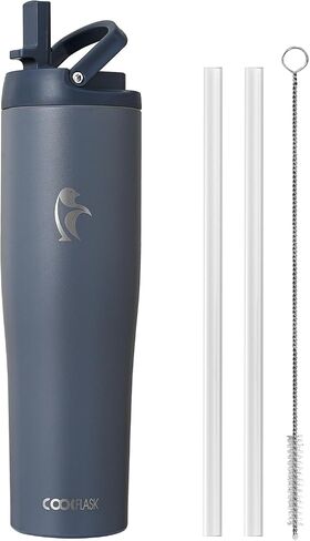 Coolflask 40 أوقية زجاجة ماء معزولة نحيفة ، من الفولاذ المقاوم للصدأ مع القش والمقبض لحامل كأس السيارة ، قارورة فراغ عريضة للفم للسفر الرياضي ، لافندر in Kuwait