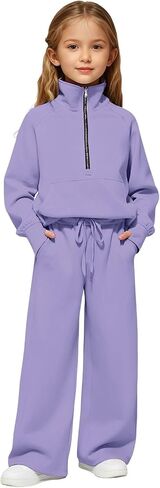 Girls Sweatsuit 2 Piece Outfits Half Zip Tracksuit Fall Hoodie Sweatshirts and Wide Leg Sweatpants Joggers Set in Kuwait