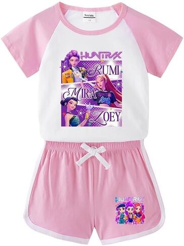 Summer Pink 2 Piece Demon Short-Sleeve Sports Set Girls 3–14 Yrs Hunters T Shirt Shorts-Gifts for Girls in Kuwait