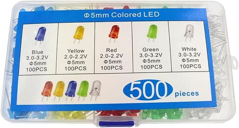 LED ضوء الثنائيات 500 قطعة طقم صمام ثنائي مضيء أحمر أصفر أزرق أخضر أبيض 5 مللي متر صمام ثنائي مضيء مجموعة متنوعة 100 قطعة/لون LED in Kuwait