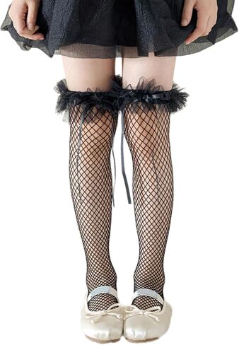 Sweet Ruffle Knee Length Socks Children's Lace Stockings with Bowknot Trim for Girls Parties and Everyday Wear in Kuwait