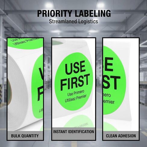 1500 Pcs Use First Stickers for Food Service, Trilingual FIFO Label, 1.5 in / 3.75 cm Fluorescent Green Food Labels for Restaurant Inventory Management, Warehouse Rotation, Kitchen Containers in Kuwait