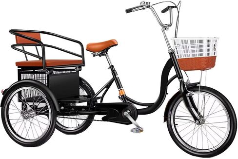 3 Wheels Bicycle for Senior and Adult,Large Rickshaw Tricycle with Pedals,Tandem Trike with Back seat,Cruiser Bike with Dual Brakes (black-20inch in Kuwait