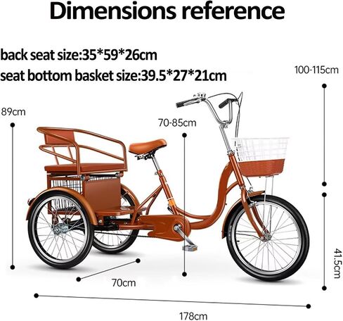 3 Wheels Bicycle for Senior and Adult,Large Rickshaw Tricycle with Pedals,Tandem Trike with Back seat,Cruiser Bike with Dual Brakes (black-20inch in Kuwait