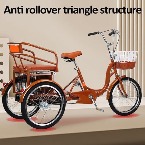 3 Wheels Bicycle for Senior and Adult,Large Rickshaw Tricycle with Pedals,Tandem Trike with Back seat,Cruiser Bike with Dual Brakes (black-20inch in Kuwait