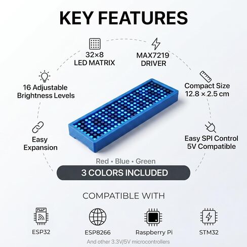 Lonely Binary 3-Pack 32x8 LED Matrix MAX7219 3-Color لـ Arduino ESP32 | وحدات حمراء وخضراء وزرقاء + حافظات مطبوعة ثلاثية الأبعاد؛ 256 مصباح LED لكل منها، SPI 5-pin، قابلة للتتالي؛ سطوع 16 مستوى؛ بيكو، STM32 in Kuwait