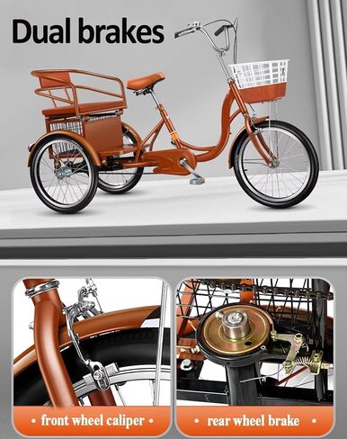 3 Wheels Bicycle for Senior and Adult,Large Rickshaw Tricycle with Pedals,Tandem Trike with Back seat,Cruiser Bike with Dual Brakes (black-20inch in Kuwait