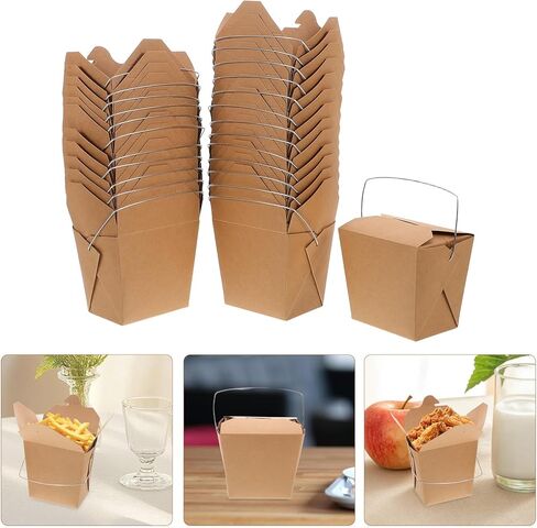 50pcs Small Kraft Paper Chinese Takeout Boxes with Metal Wire Handle 16oz Food Containers for Cold and Hot Food Packaging for Weddings and Restaurant Takeout in Kuwait