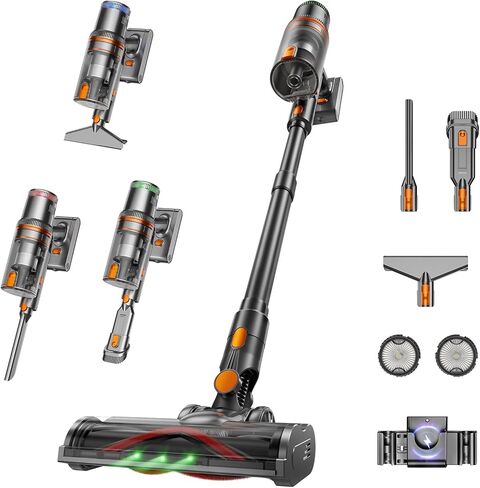 Cordless Vacuum Cleaner, 300AW Vacuum Cleaner for Home with 65 Mins Runtime, Auto Mode, Self-Standing Stick Vacuum with LED Display, Anti-Tangle Brush for Pet Hair, Carpet & Hard Floors, Orange in Kuwait