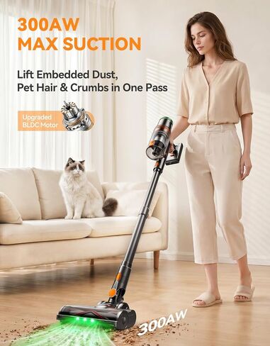 Cordless Vacuum Cleaner, 300AW Vacuum Cleaner for Home with 65 Mins Runtime, Auto Mode, Self-Standing Stick Vacuum with LED Display, Anti-Tangle Brush for Pet Hair, Carpet & Hard Floors, Orange in Kuwait