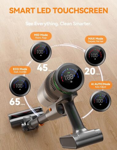 Cordless Vacuum Cleaner, 300AW Vacuum Cleaner for Home with 65 Mins Runtime, Auto Mode, Self-Standing Stick Vacuum with LED Display, Anti-Tangle Brush for Pet Hair, Carpet & Hard Floors, Orange in Kuwait