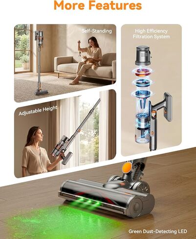 Cordless Vacuum Cleaner, 300AW Vacuum Cleaner for Home with 65 Mins Runtime, Auto Mode, Self-Standing Stick Vacuum with LED Display, Anti-Tangle Brush for Pet Hair, Carpet & Hard Floors, Orange in Kuwait