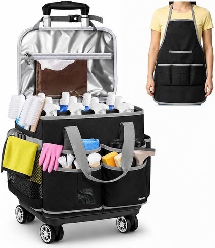 Ytonet Wearable Rolling Cleaning Caddy Bag with Cleaning Apron, Large Cleaning Caddy with 4 Spinner Wheels, Detachable Trolley Portable Cleaning Supplies Organizer Cart for Housekeepers, Utility Bag in Kuwait