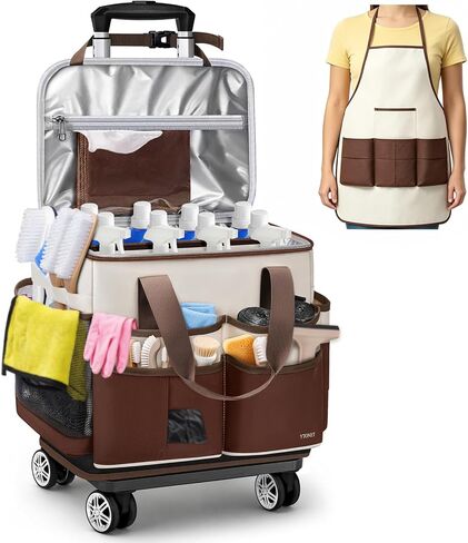 Ytonet Wearable Rolling Cleaning Caddy Bag with Cleaning Apron, Large Cleaning Caddy with 4 Spinner Wheels, Detachable Trolley Portable Cleaning Supplies Organizer Cart for Housekeepers, Utility Bag in Kuwait