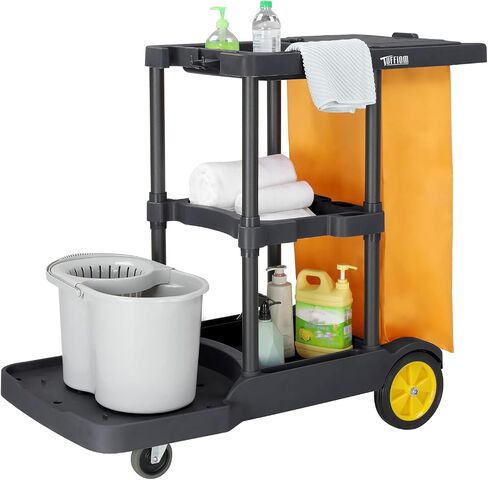 TUFFIOM Extra Large Commercial Traditional Cleaning Janitorial 3-Shelf Cart, 500 Lbs Capacity Housekeeping Cart, 42.5" L x 18.7" W x 37.6" H, Wheeled with 22 Gallon Yellow VinylBag Cover w Lid, Black in Kuwait