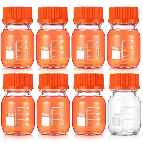 Irenare 8 Pack 100 ml Glass Media Storage Bottles Borosilicate Glass Scientific Round Graduated Media Bottle with Orange GL45 Screw Cap for Lab Water Reagent Liquids in Kuwait