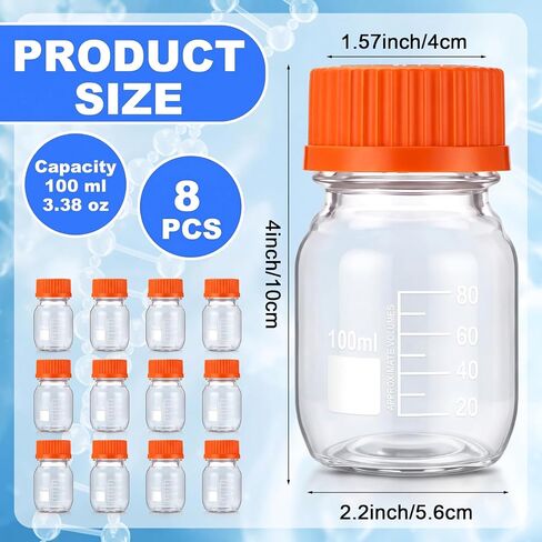 Irenare 8 Pack 100 ml Glass Media Storage Bottles Borosilicate Glass Scientific Round Graduated Media Bottle with Orange GL45 Screw Cap for Lab Water Reagent Liquids in Kuwait