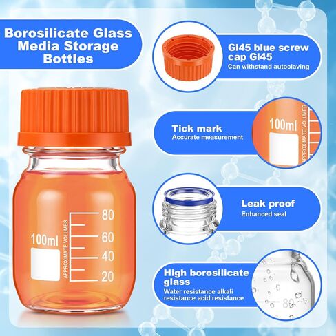 Irenare 8 Pack 100 ml Glass Media Storage Bottles Borosilicate Glass Scientific Round Graduated Media Bottle with Orange GL45 Screw Cap for Lab Water Reagent Liquids in Kuwait