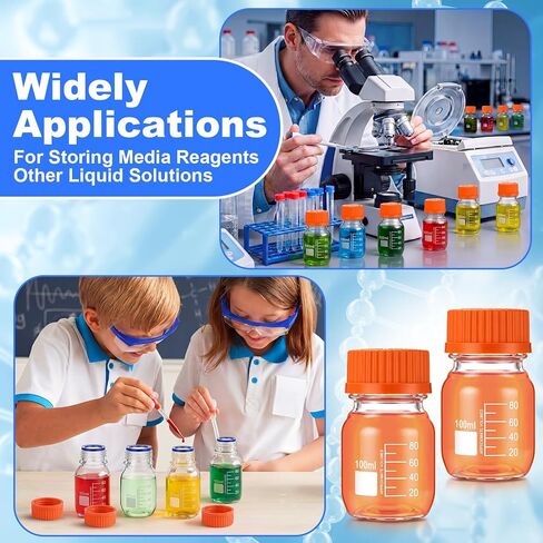 Irenare 8 Pack 100 ml Glass Media Storage Bottles Borosilicate Glass Scientific Round Graduated Media Bottle with Orange GL45 Screw Cap for Lab Water Reagent Liquids in Kuwait