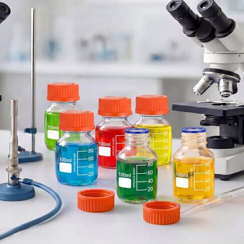 Irenare 8 Pack 100 ml Glass Media Storage Bottles Borosilicate Glass Scientific Round Graduated Media Bottle with Orange GL45 Screw Cap for Lab Water Reagent Liquids in Kuwait