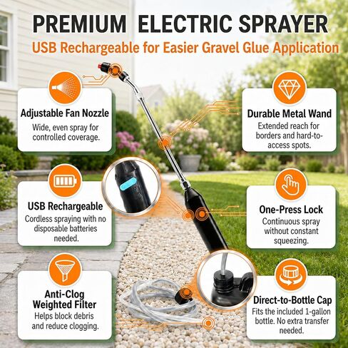 YKF Gravel Glue Kit with Electric Sprayer, 1 Gallon Rock Glue & Gravel Binder for Pea Gravel, Crushed Stone, Decorative Pebbles, Landscape Garden Borders, Patio Edges, Blue Tint Tracker in Kuwait