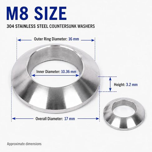 M8 Countersunk Washers, 304 Stainless Steel, 10 Pcs | M8 Size; 304 Stainless Steel; 10 Pcs; Countersunk Design; Smooth Finish; Hardware Use in Kuwait