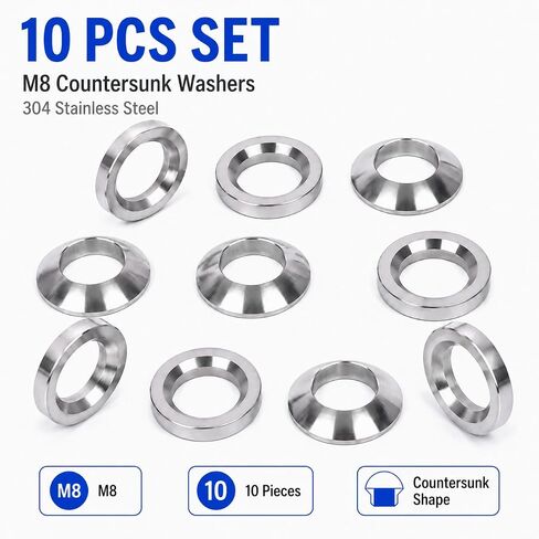 M8 Countersunk Washers, 304 Stainless Steel, 10 Pcs | M8 Size; 304 Stainless Steel; 10 Pcs; Countersunk Design; Smooth Finish; Hardware Use in Kuwait