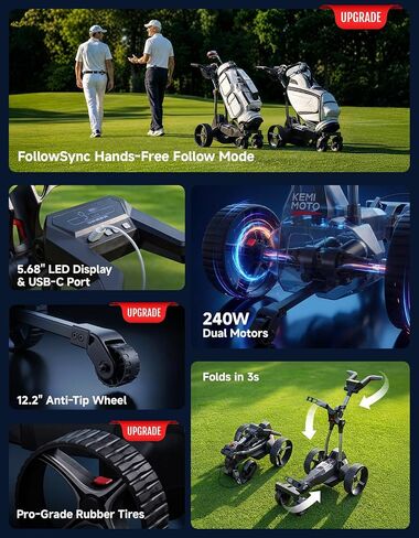 KEMIMOTO ApexAI Electric Golf Caddy that Follows You, 492 FT Remote Control, Power Assist Mode, Dual 240W Motor, 36-Hole Battery, IPX5, Compact Folding w/USB-C, Drink & Umbrella Holder in Kuwait