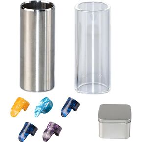 3-Piece Guitar Slide Set – 1 Glass + 1 Stainless Steel Slide with 6 Guitar Picks, Medium Size 6cm (2.36 inch) for Electric Acoustic Guitar Bass, Includes Storage Box in Saudi Arabia
