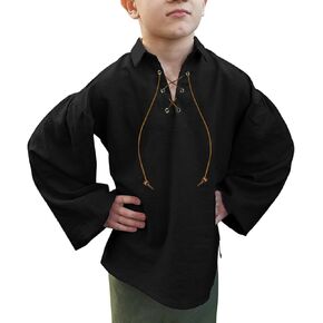 Boys Medieval Pirate Shirt Kids Renaissance Lace Up Halloween Scottish Jacobite Bell Sleeve V Neck Retro Tops Size 2-12 Years in Kuwait