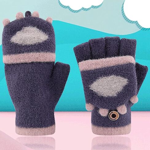 Kids Fingerless Gloves, Thick Knitted Half Finger Mittens with Flip Top, Faux Mink Winter Gloves for Boys Girls, Warm Cute Handwear for Writing and Daily Wear in Kuwait