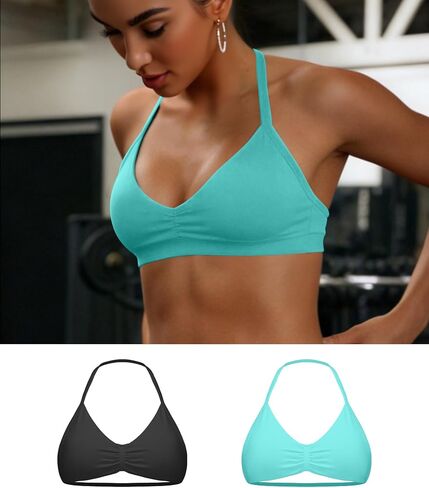 Women's 2 Pack Strappy Bras Halter Padded Sports Bras Backless Workout Gym Crop Top with Removable Cups in Kuwait