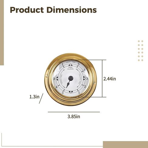 Brass Nautical Tide Clock, 3.85 in / 98 mm, High Low Tide Display, Clear Glass Face, Robust Brass Color Finish, for Coastal Home Office Decor in Kuwait