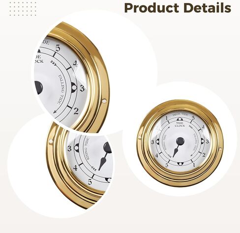 Brass Nautical Tide Clock, 3.85 in / 98 mm, High Low Tide Display, Clear Glass Face, Robust Brass Color Finish, for Coastal Home Office Decor in Kuwait