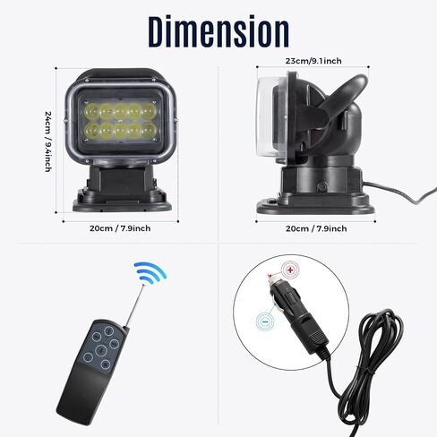 Remote LED Spotlight for Truck & Boat, 360° Rotating Auto-Reset Marine | 6 Strong Magnets, Wireless Remote( NO Batteries ), Waterproof LED Work Light 12V-24V for Offroad, Hunting, Camping, Rescue in Kuwait
