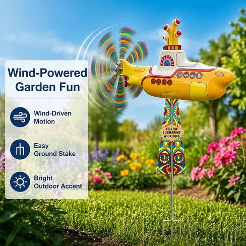 Yellow Submarine Wind Spinner, Metal Submarine Wind Spinner with Colorful Rotating Blades, Garden Submarine Wind Sculpture Decor Stake Ornament for Yard Patio Lawn Outdoor Decoration in Kuwait