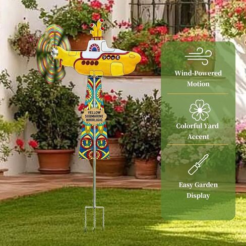 Yellow Submarine Wind Spinner, Metal Submarine Wind Spinner with Colorful Rotating Blades, Garden Submarine Wind Sculpture Decor Stake Ornament for Yard Patio Lawn Outdoor Decoration in Kuwait