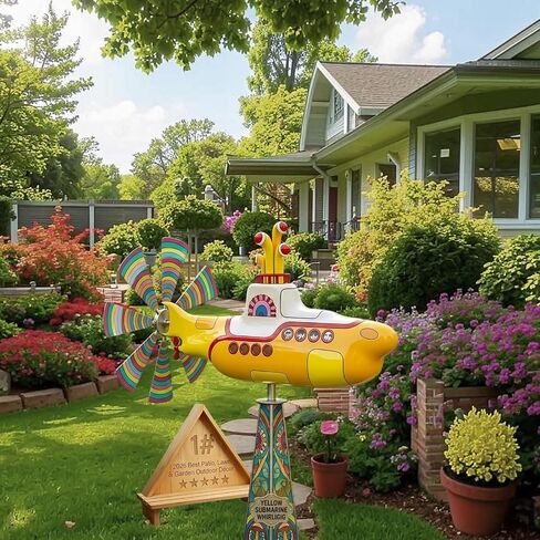Yellow Submarine Wind Spinner, Metal Submarine Wind Spinner with Colorful Rotating Blades, Garden Submarine Wind Sculpture Decor Stake Ornament for Yard Patio Lawn Outdoor Decoration in Kuwait