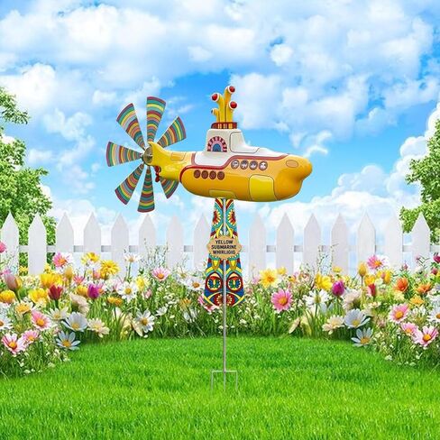 Yellow Submarine Wind Spinner, Metal Submarine Wind Spinner with Colorful Rotating Blades, Garden Submarine Wind Sculpture Decor Stake Ornament for Yard Patio Lawn Outdoor Decoration in Kuwait