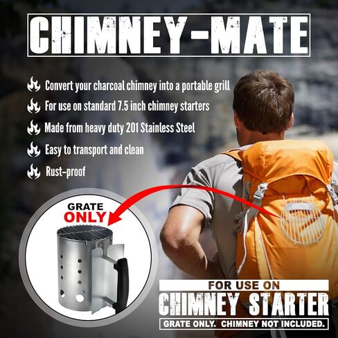 Chimney-Mate Charcoal Starter Grilling Grate | Sous Vide Searing Accessory | Turn Your Charcoal Chimney Into A Portable Grill | Fits On Top Of Most 7.5 Inch Chimneys | Portable Camping Grill Grate in Kuwait