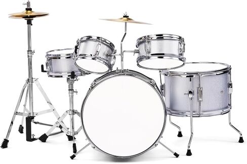 14 inch x 10 inch 5 Piece Junior Kids Drum Set Kit with Pedal Drum Stick Wrench Drum Stool Silver Complete Beginner Musical Instrument Percussion Bundle in Kuwait