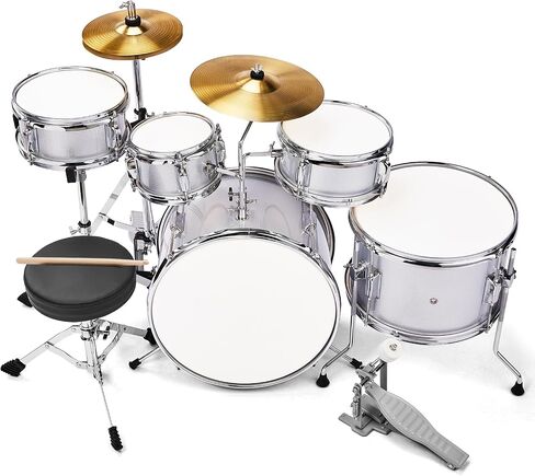 14 inch x 10 inch 5 Piece Junior Kids Drum Set Kit with Pedal Drum Stick Wrench Drum Stool Silver Complete Beginner Musical Instrument Percussion Bundle in Kuwait